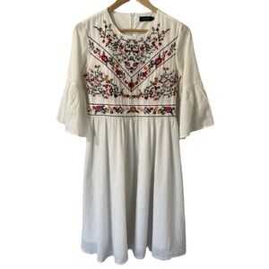 Roolee Embroidered Long Sleeve Dress Sz S White Floral Peasant Prairie Boho EUC